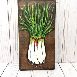 Vintage Folk Art Painting Green Onions On Wood   Rustic Farmhouse 11”x6”